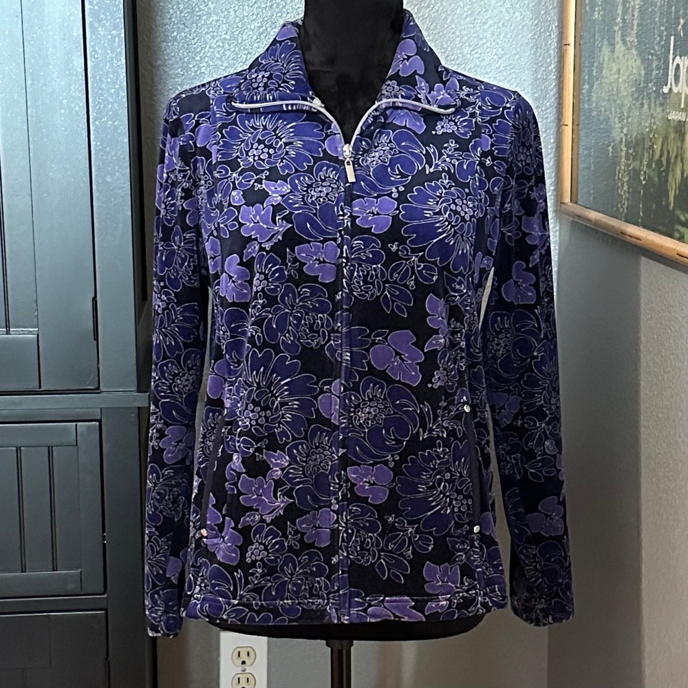 Croft‎ & Barrow Petite Floral Full Zip Jacket PM Purple Casual Preppy Outdoor